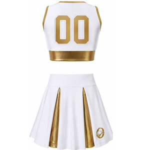 Ensemble uniforme de cheerleading sublimé blanc et or, sans manches, avec crop top et jupe, pour équipe sportive, tenue de performance et d'entraînement - Product Image 2
