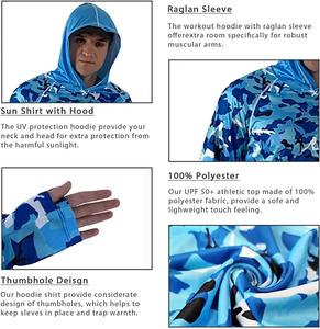 Camisa de Pesca para Hombre, Azul Camuflaje, con Capucha, Manga Larga, UPF 50, Anti-UV, Impermeable, Transpirable, Ropa de Exterior - Product Image 3