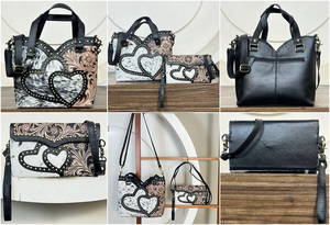 New Arrival Hand Tooled Leather Cowhide Heart Design Messenger Bag Set Western Floral Satchel Bag with Matching Wallet for Women - Product Image 3