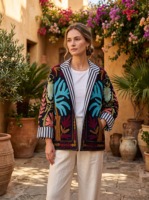 Veste ouverte sur le devant brodée de fleurs colorées pour femmes, vêtement d'extérieur en coton fait main de style bohème