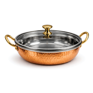 Sartén portátil de cobre martillado con tapa de vidrio |   Sartén de Cocina y Servicio de Diseño Retro con Interior de Acero Inoxidable - Product Image 1