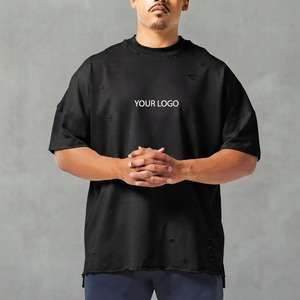 T-shirts pour hommes surdimensionnés à col rond, effet usé, épaules tombantes, en coton lourd 100%, coupe ample et confortable - Product Image 5