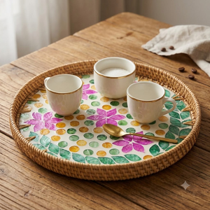 Bandeja Redonda de Ratán Estilo Veraniego al por Mayor con Incrustaciones de Madreperla, Bandejas Decorativas para el Hogar, Hechas a Mano en Vietnam - Product Image 3