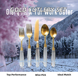 Cubertería acrílica con diseño de artesano, juego de cubiertos de resina con acabado dorado, acero pulido con espejo y asas de plástico para acampar - Product Image 4
