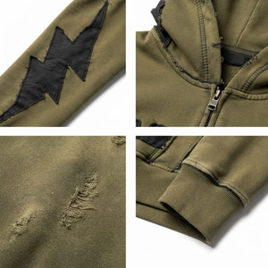 Sweat à capuche court vintage brodé avec fermeture éclair pour homme, motif graphique personnalisé, patchwork, épais, effet vieilli, grande taille - Product Image 6