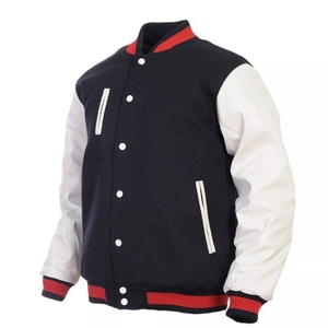 Blouson universitaire bomber personnalisé en laine noire avec manches en cuir blanc, col montant, style urbain, coupe-vent et respirant - Product Image 1