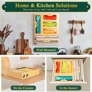 Organizzatore per cassetti da cucina 6 in 1 in bambù con dispenser per pellicola trasparente e sacchetti per alimenti, contenitore per la conservazione - Product Image 4