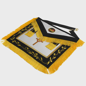 Tablier maçonnique personnalisé en cuir noir avec franges jaunes, broderie couleur unie, col en V, application de badge à coudre sur vêtement - Product Image 2