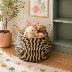 Foldable Natural Seagrass <b>Belly</b> <b>Basket</b> with Handles – Multifunctional Boho Vintage Storage Tote for Home Decor - Product Image 1