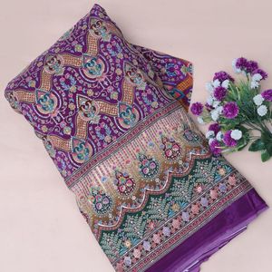 Tela de crepé tejida floral morado real con bordado, 54 pulgadas, ligera, con borde Daman, pieza cortada para Kurti, Túnica, Anarkali, Vestido, Lehenga - Product Image 3
