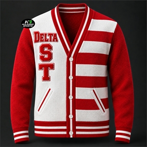 Cárdigan de Punto Acrílico para Mujer con Cuello en V y Botones, Diseño de Letras Griegas Delta Sigma Rojas y Blancas, Tendencia DST - Product Image 1
