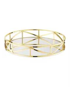 Round Gold Metal Decorative Serving Tray Geometric Design <b>Coffee</b> <b>Table</b> Tray Luxury Display Platter Home Decor Organizer - Product Image 1