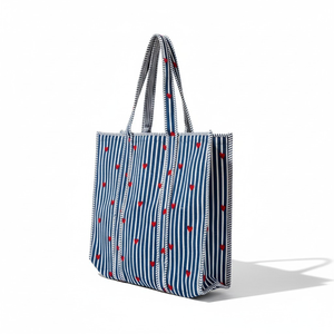Eco-Friendly Lightweight Padded Cotton Quilted <b>Tote</b> <b>Bag</b> Indian Block Print <b>Navy</b> Blue White Stripe Zippered Embroidery Double - Product Image 1