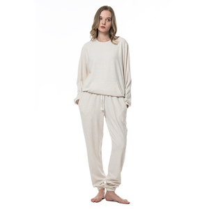 Conjunto de Pijama de Dos Piezas de Punto Crema para Mujer, Manga Larga, Cuello Redondo, Corte Holgado, Ropa Casual, Color Sólido, Transpirable, para Todas las Temporadas - Product Image 4