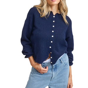 Cardigan court en maille bleu marine boutonné pour femme, à manches longues, pull décontracté d'hiver, couleur unie, anti-boulochage - Product Image 6