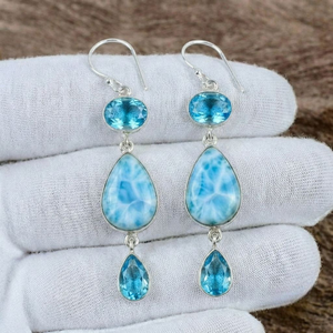 Bezel Setting Fine Solid 925 <b>Sterling</b> <b>Silver</b> <b>Earrings</b> Handmade Larimar & Topaz Dangle <b>Earrings</b> Boho Gemstone <b>Drops</b> For Wo - Product Image 2