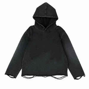 2026 Fashion Streetwear Cut Edge Distressed Wholesale Hoodies Custom Design Acid Washed <b>Raw</b> Edge Hoodie - Product Image 2