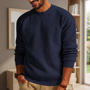 Pull à col rond en tricot gaufré 100% coton bleu marine pour homme, manches longues, couleur unie, vêtement d'hiver, coupe classique, sweat-shirt - Product Image 4