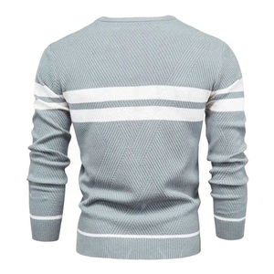 Men's Light Blue Knitted Crew Neck Sweater With White Stripes Casual Pullover Regular Fit Autumn Wear - Product Image 2