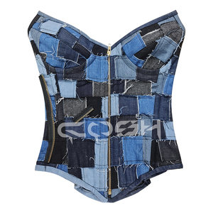 Corset bustier en jean patchwork streetwear, style rétro, effet usé, avec fermeture éclair antique sur le devant - Product Image 2