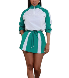 Color Blocked Sports Wear <b>Set</b> Green <b>White</b> Full Sleeve Hooded Top With Drawstring Shorts Breathable Spring Summer Style - Product Image 5