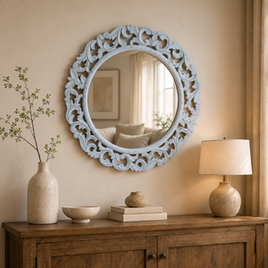 Miroir mural rond en bois de manguier sculpté à la main, miroir décoratif Art Déco à suspendre pour salon, chambre, couloir et décoration murale de la maison - Product Image 2