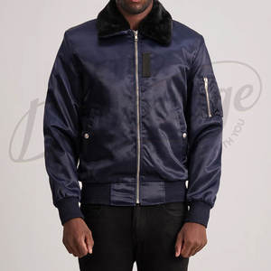 Blouson Bomber Homme Bleu Marine en Satin avec Col en Fausse Fourrure, Manteau d'Hiver Style Aviateur, Fermeture Éclair, Poches Utilitaires, Rembourré et Chaud - Product Image 5