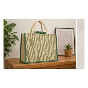 Custom Geometric Two Tone Jute Beach <b>Tote</b> Bags PP Laminated Reusable Shopping Bag Screen Printed Logo Wholesale Manufacturer OEM - Product Image 5