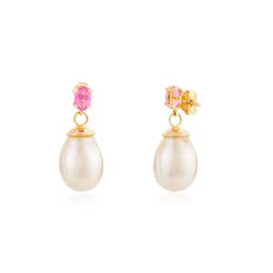 18K Gold Pearl Drop <b>Earrings</b> with Prong Set Pink Sapphire - Product Image 3