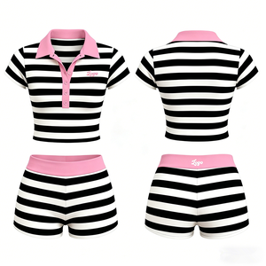 Ensemble de sport 2 pièces imprimé léopard pour femmes, haut à manches courtes avec fermeture éclair et short, vêtements d'entraînement tricotés respirants, printemps-été - Product Image 5