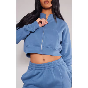 Women Blue Cotton <b>Tracksuit</b> Set Full Length Sweatpants Zipper Hoodie Casual Regular Printed Lightweight Autumn Solid Color - Product Image 3