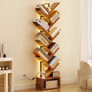 Étagère à livres en forme d'arbre à 8 niveaux avec lumières LED, bibliothèque rustique en MDF, étagère de rangement sur pied pour l'organisation de la maison et du bureau - Product Image 1