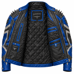 Men Blue Real Leather <b>Spiked</b> Biker Jacket Electric Guitar Graphic Print <b>Metal</b> Studded Coat Custom OEM ODM Vendor Factory Export - Product Image 5