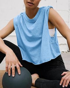Top corto de punto sin mangas azul claro para mujer con espalda recortada y bolsillo, informal, de color liso, para primavera y verano, uso diario - Product Image 3