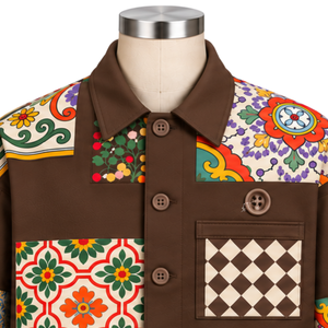 Chaqueta de Trabajo Personalizada con Mosaico Marrón, Parches Florales Multicolores, Estampado, Cierre de Botones, Estilo Casual Urbano, con Bolsillos Funcionales - Product Image 3