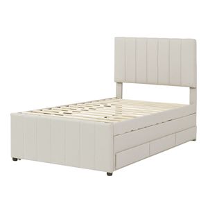 Letto a piattaforma imbottito in tessuto di lino beige, misura twin, con letto estraibile e 3 cassetti - Product Image 6