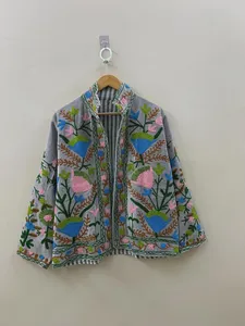 Chaqueta corta de terciopelo y seda gris claro, bordada a mano artesanalmente, para mujer, estilo vintage, con bordado floral de Cachemira, abierta por delante. - Product Image 4