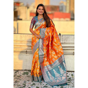 Sari tissé Jaal contrastant en soie douce Zari, motif Banarasi orange, de la collection Elite Weaves, vêtements indiens et pakistanais - Product Image 5