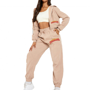 2026 Women <b>Zip</b> <b>up</b> <b>Cropped</b> Hoodie Set Custom 100% Cotton Fleece Oversized Hoodie and Cuffed Sweatpants Cotton Sweat suits - Product Image 1