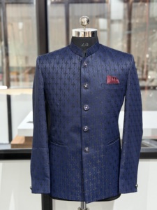 Veste Nehru formelle jacquard gaufré bleu marine pour homme, style contemporain Bandhgala, veste de costume Prince pour marié et mariage - Product Image 1