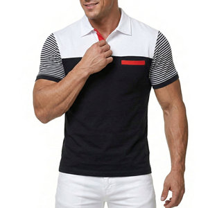 Polo décontracté pour hommes en gros, personnalisé, à blocs de couleur, manches rayées, en coton tricoté, avec poche poitrine, coupe ajustée, pour l'été - Product Image 4