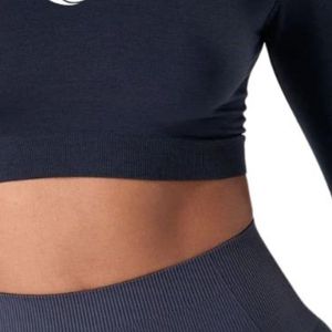 Navy Blue <b>Women's</b> Seamless Long Sleeve Crop <b>Top</b> <b>Compression</b> Gym Shirt Fitness Yoga Workout Activewear Stretch Athletic Training - Product Image 6