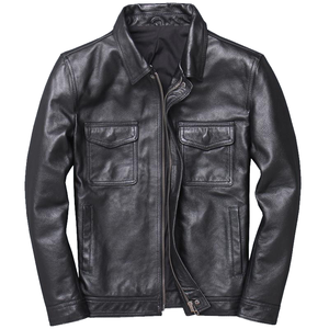 Chaqueta de cuero genuino negra para hombre con cuello de camisa y cuatro bolsillos utilitarios - Product Image 4