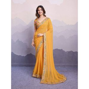 DESIGNER GEORGETTE DIGITAL PRINT WITH EMBROIDERY WORK <b>SAREE</b> WITH UNSTITCHED BLOUSE YELLOW - Product Image 1