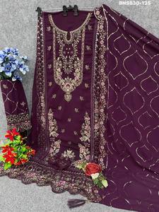 Conjunto de Salwar-Kameez y Dupatta de Georgette Sintético Pesado con Bordado de Lentejuelas y Trabajo Khatli para Festivales - Compra Online en India - Product Image 4