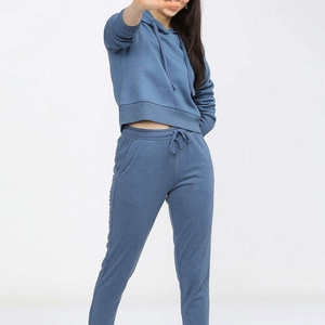 Sweat-shirt à capuche court pour femme, manches longues, couleur unie, tricoté, décontracté, pour l'automne, bleu - Product Image 4
