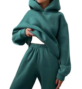 Conjunto de 2 piezas informal con hombros caídos de gran tamaño, sudadera de invierno, pantalones para correr, parches de encaje sólido, lona lavada - Product Image 1