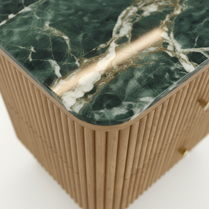 Mesa de Comedor con 2 Cajones, Madera de Acacia, MDF, Chapa de Roble, Tapa de Mármol, Diseño Dinámico, Ecológica, Puerta con Persiana, para Espacios de Comedor y Sala de Estar, Moderna - Product Image 5