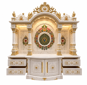Large Size Marble Look Teak Wood <b>Mandir</b> Pooja Room Premium Hand-Carved Hindu Temple Cabinet Custom Professional Detachable - Product Image 1