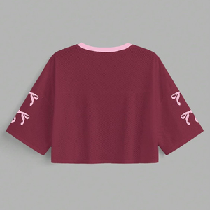 Ballet Football Women's V-Neck <b>Mesh</b> <b>Crop</b> <b>Top</b> Short Sleeve Loose Fit Number 07 Pink Sporty Style Spring Summer - Product Image 3
